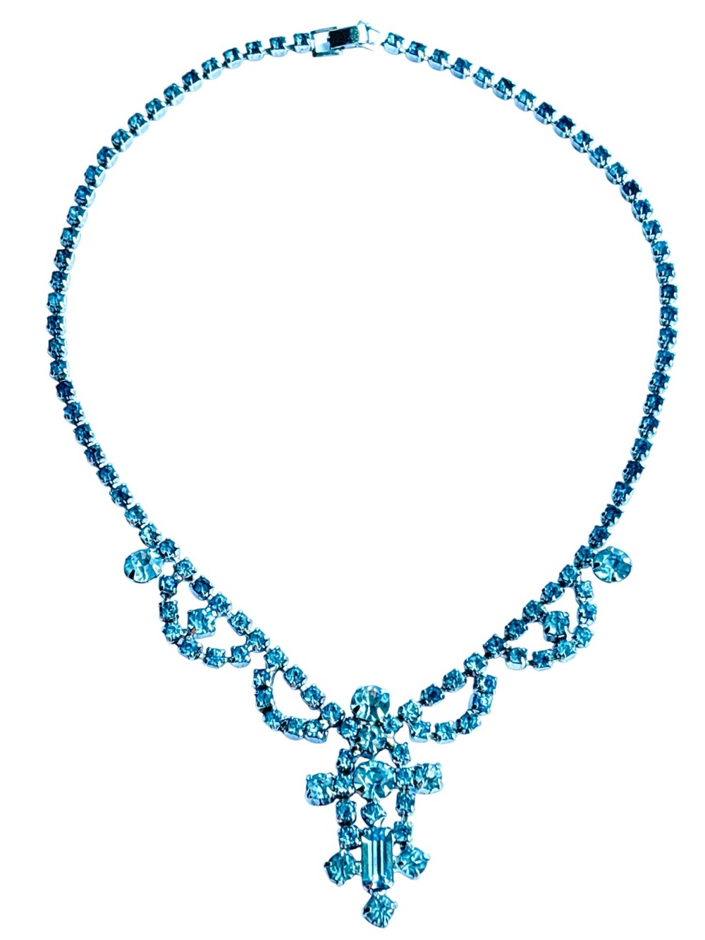 Vintage Continental 1950s Aqua Blue Crystal Rhinestone Statement Necklace 15”